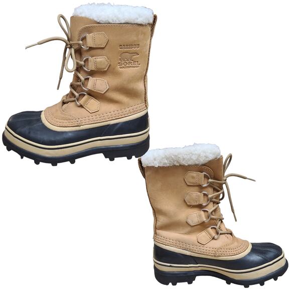 Sorel Caribou Buff Tan Black Waterproof Lace Up Boots Women's 7 / 9 - Picture 1 of 5